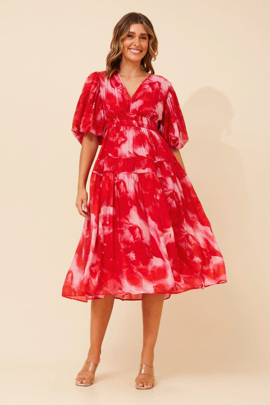 Image of Dresses. Product name - ANUSHKA ABSTRACT PRINT DRESS in Multi Blue colour by brand - Caroline Morgan Australia