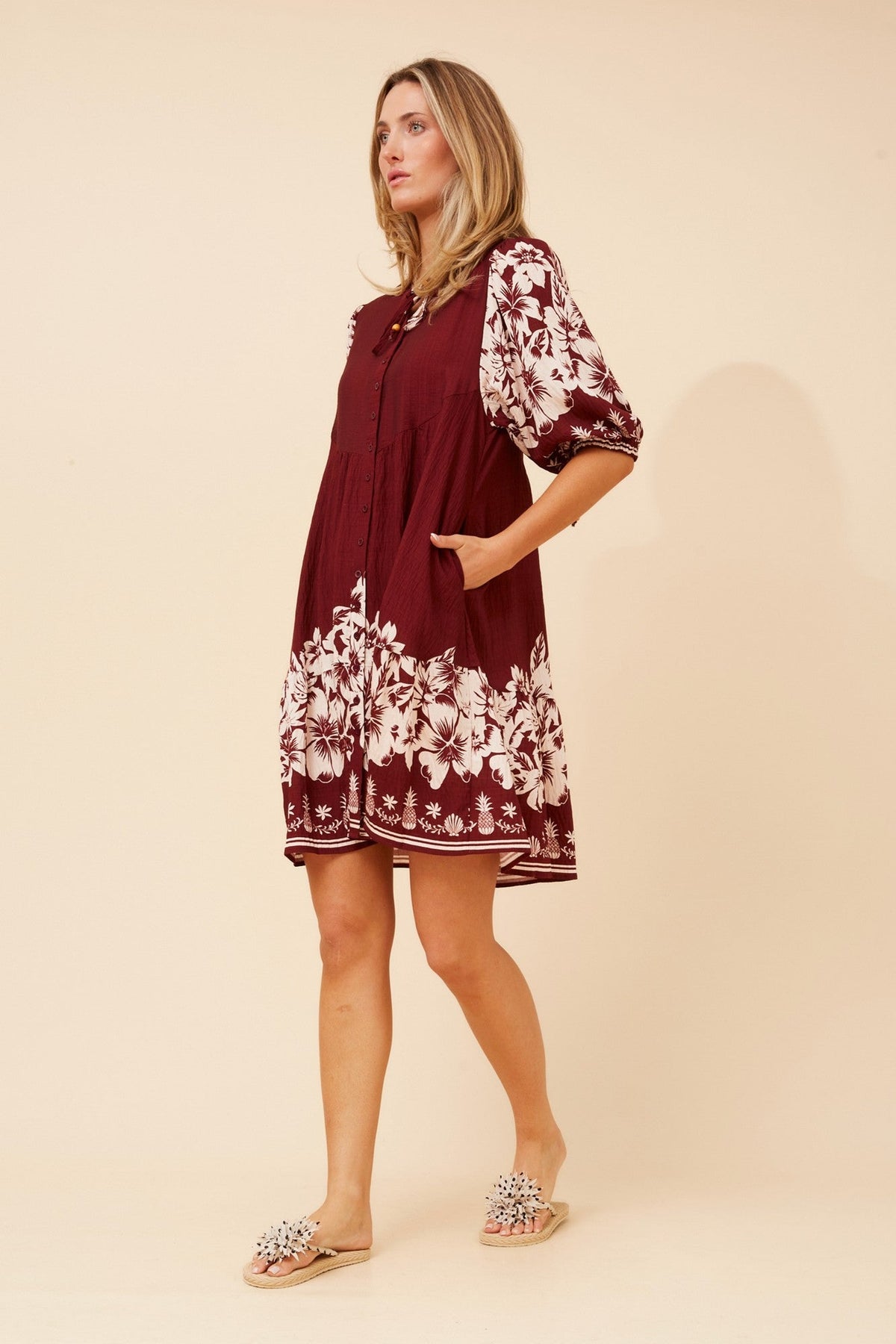 JAVANA BORDER PRINT DRESS (Burgundy)