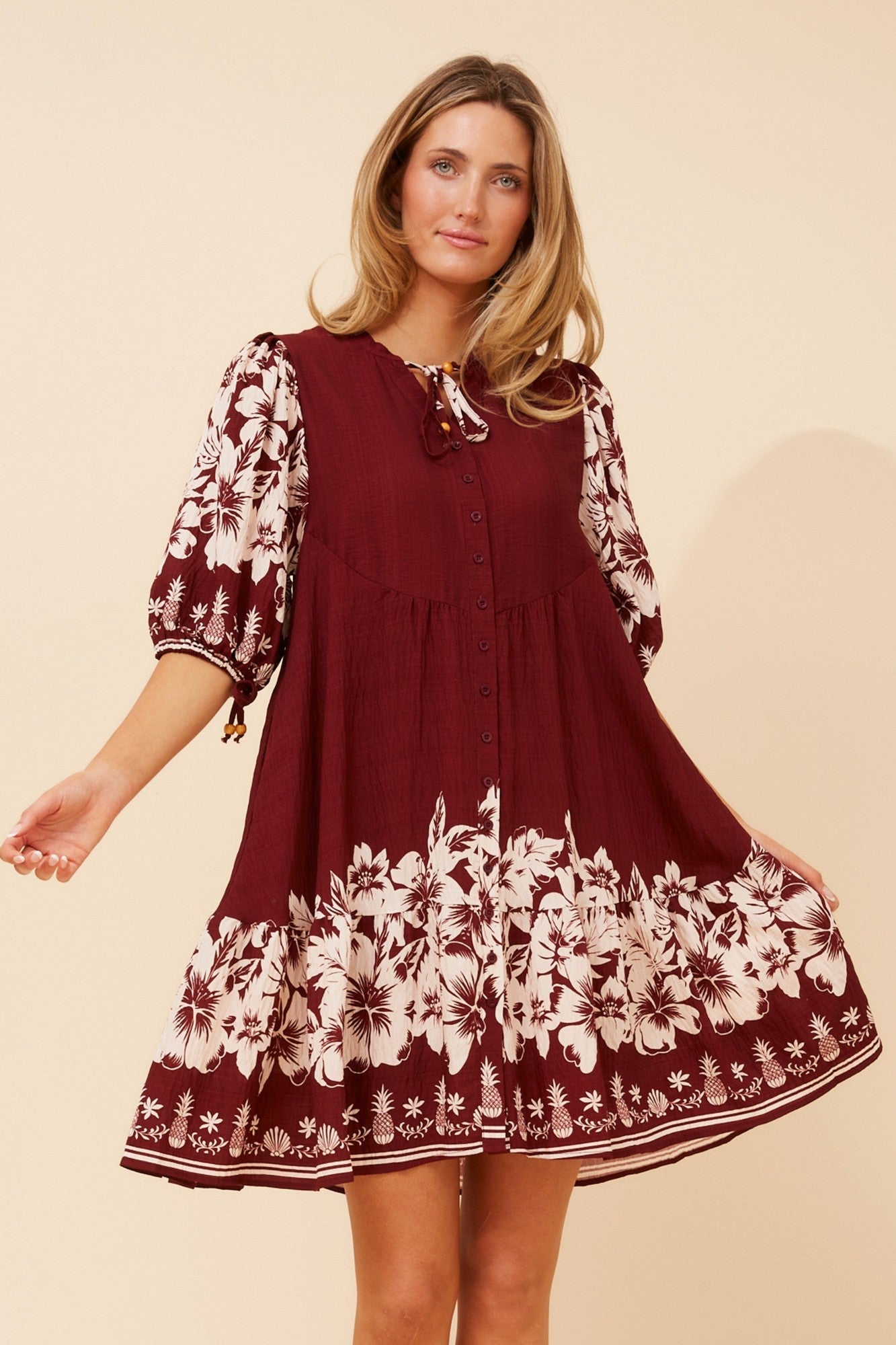 JAVANA BORDER PRINT DRESS (Burgundy)
