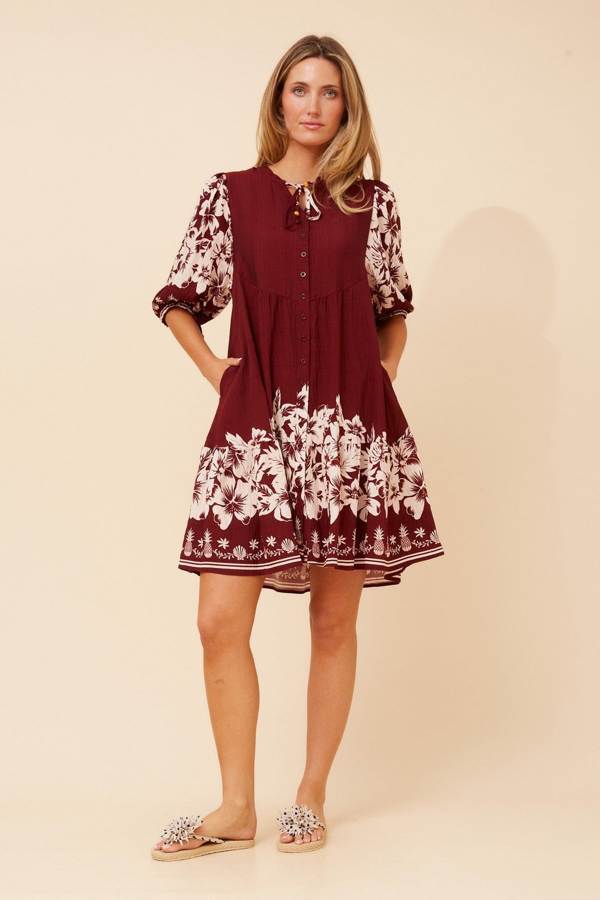 JAVANA BORDER PRINT DRESS (Burgundy)