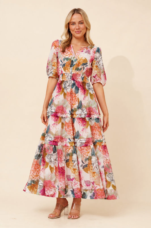 Image of Dresses. Product name - VIENNE FLORAL MAXI DRESS in Multi Pink colour by brand - Caroline Morgan Australia