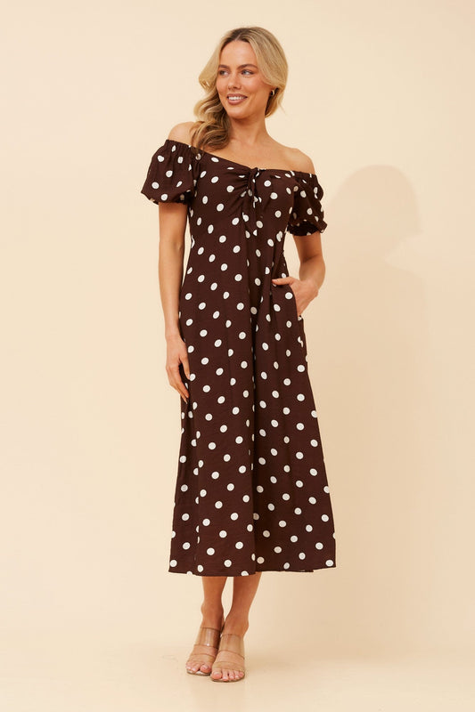 Image of Dresses. Product name - FAITH POLKA DOT PRINT DRESS in Chocolate colour by brand - Caroline Morgan Australia