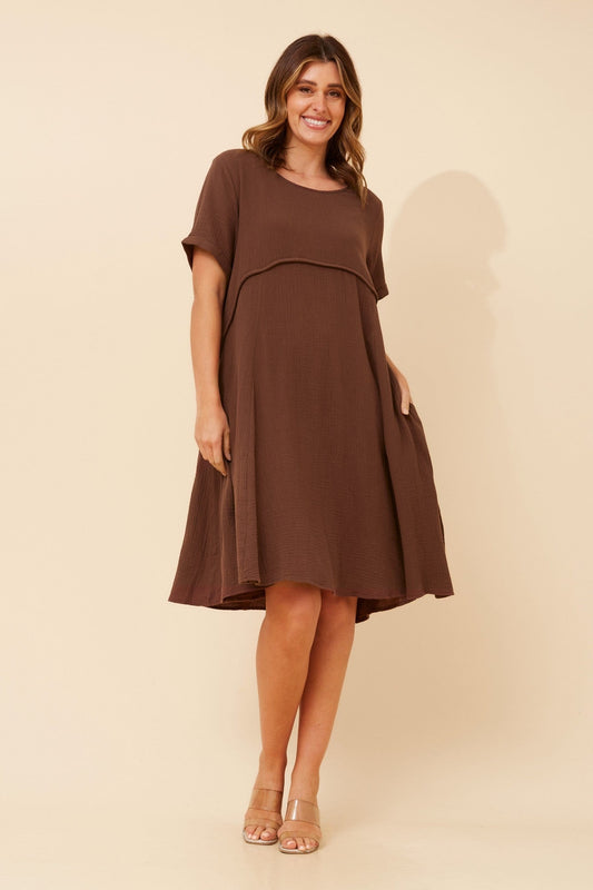 Image of Dresses. Product name - DREE SOLID MIDI DRESS in Coffee colour by brand - Caroline Morgan Australia