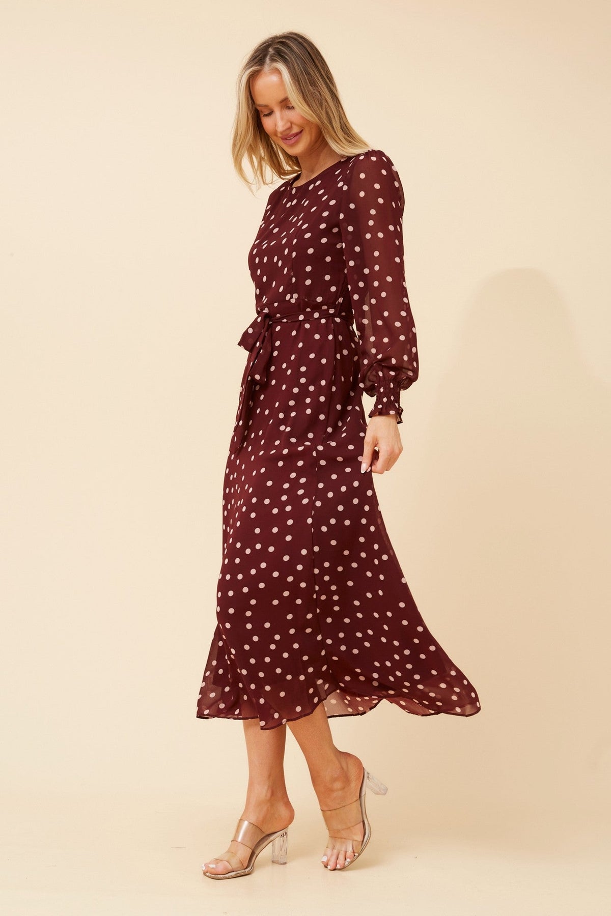 Image of Dresses. Product name - PRISCILLA POLKA DOT PRINT MAXI DRESS in Burgundy colour by brand - Caroline Morgan Australia