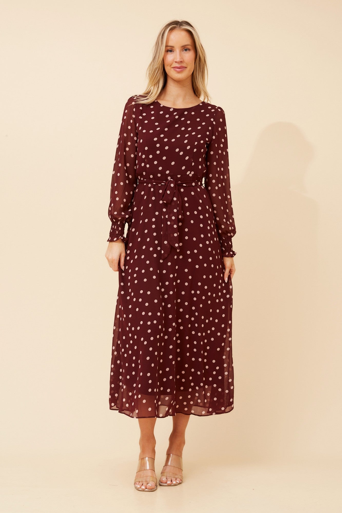 PRISCILLA POLKA DOT PRINT MAXI DRESS (Burgundy)