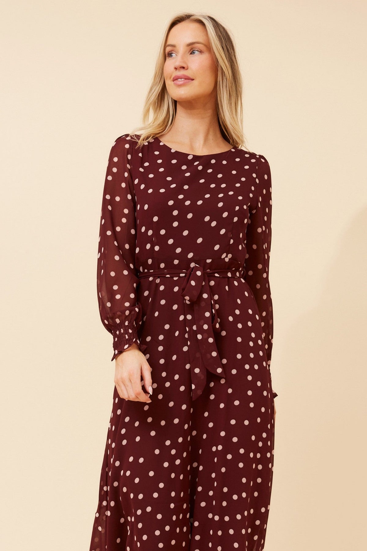 PRISCILLA POLKA DOT PRINT MAXI DRESS (Burgundy)