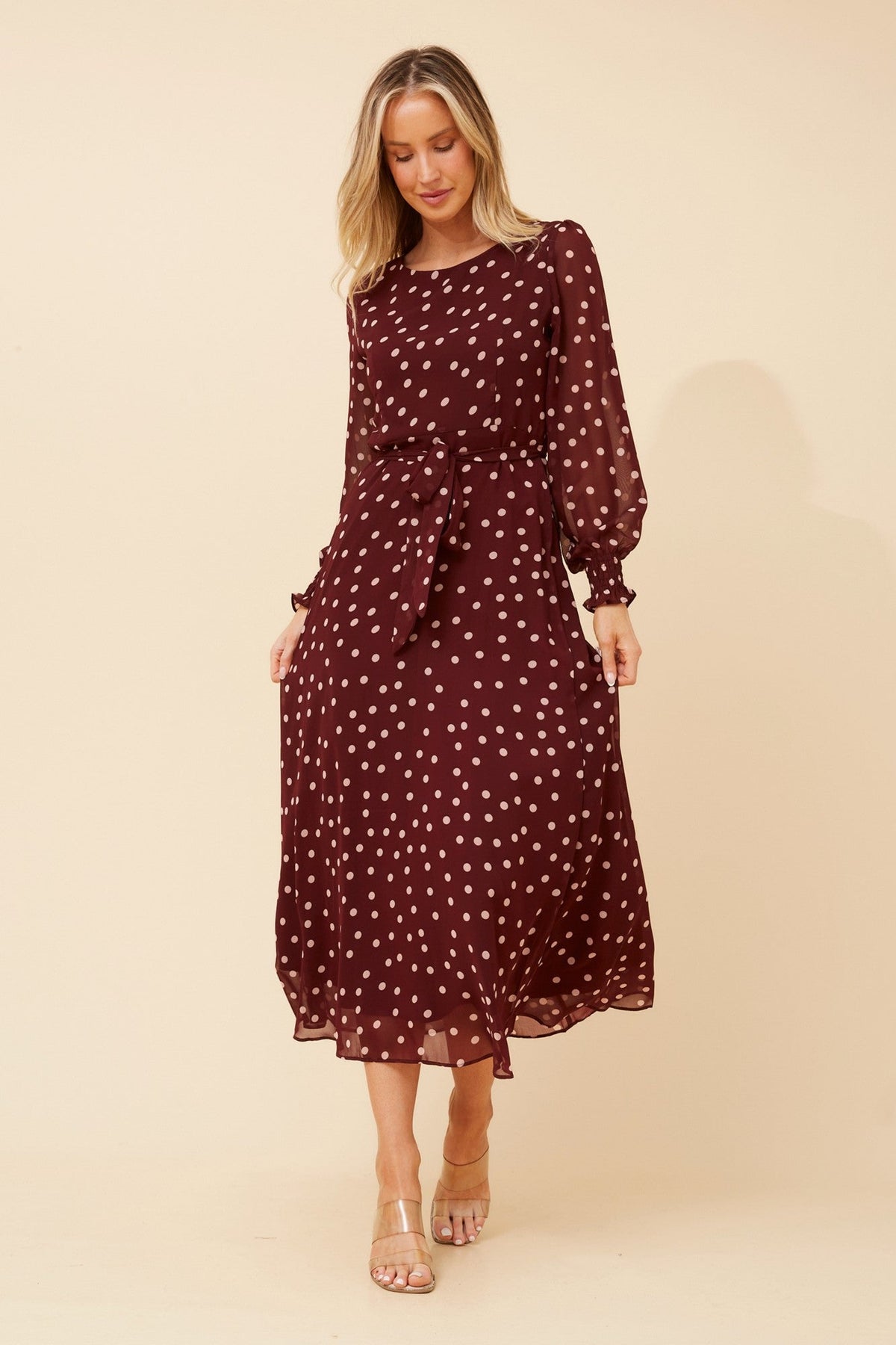 PRISCILLA POLKA DOT PRINT MAXI DRESS (Burgundy)
