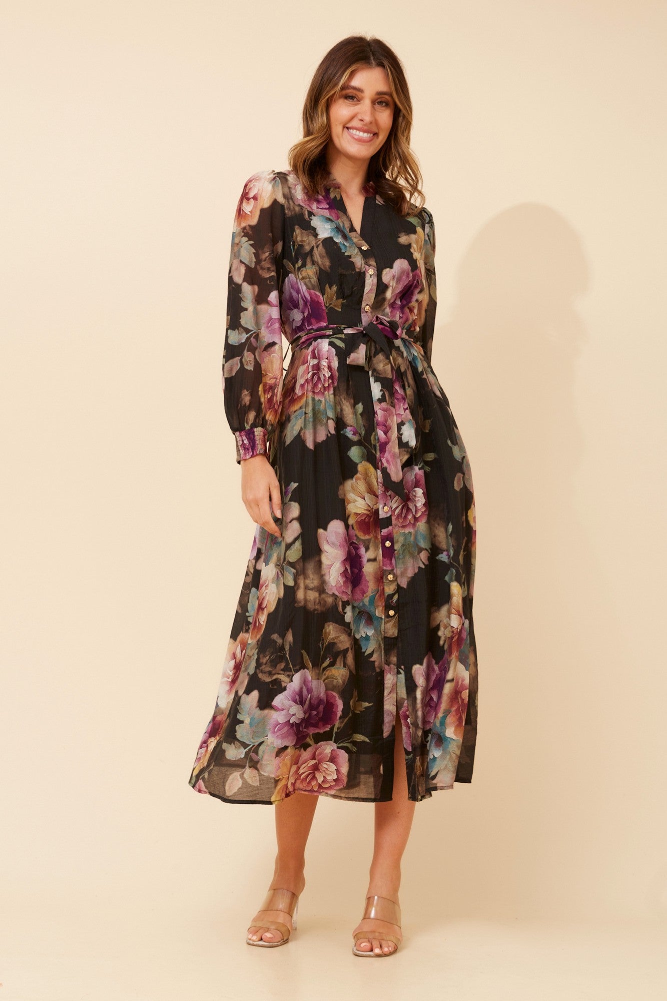 Image of Dresses. Product name - YUKTI FLORAL MAXI DRESS in Multi Black colour by brand - Caroline Morgan Australia