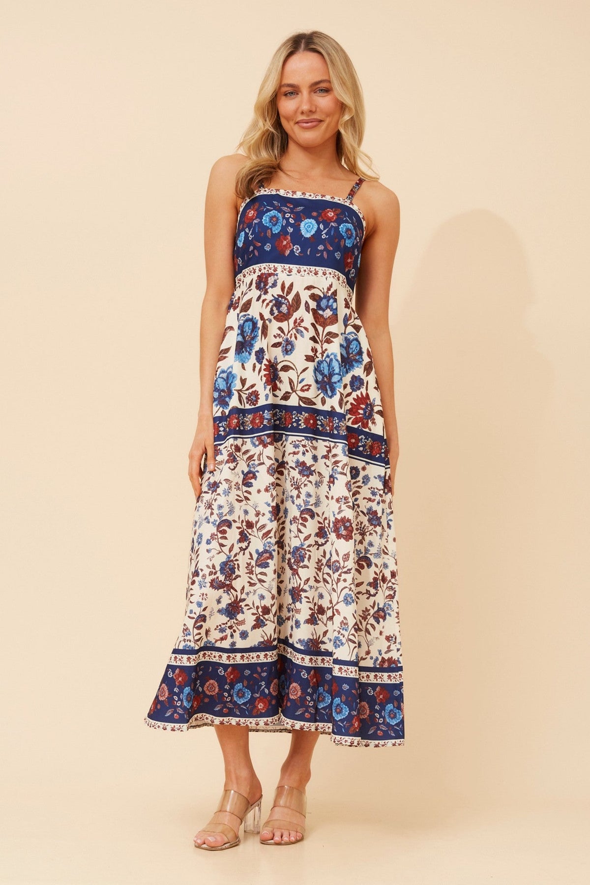 Image of Dresses. Product name - JAVAN FLORAL MIDI DRESS in Multi Blue colour by brand - Caroline Morgan Australia