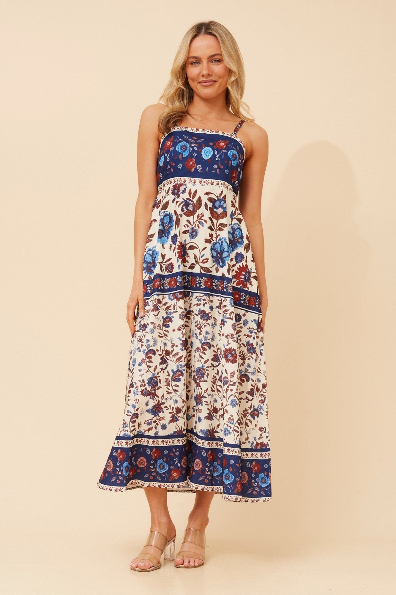 Image of Dresses. Product name - JAVAN FLORAL MIDI DRESS in Multi Blue colour by brand - Caroline Morgan Australia