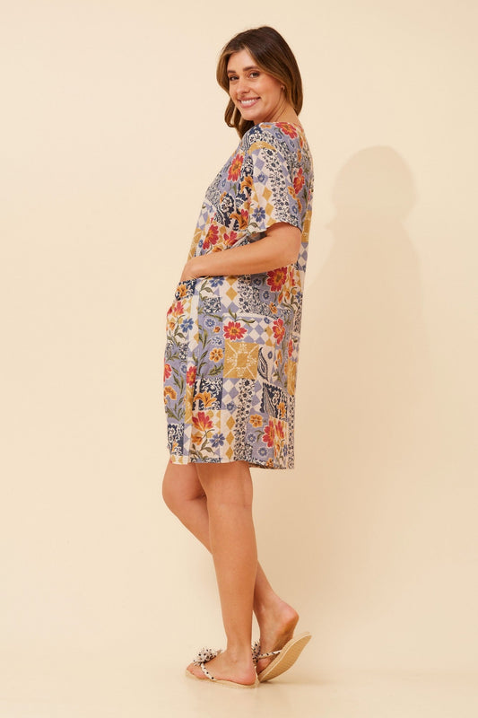 VINE PATCHWORK PRINT DRESS (Multi Blue)