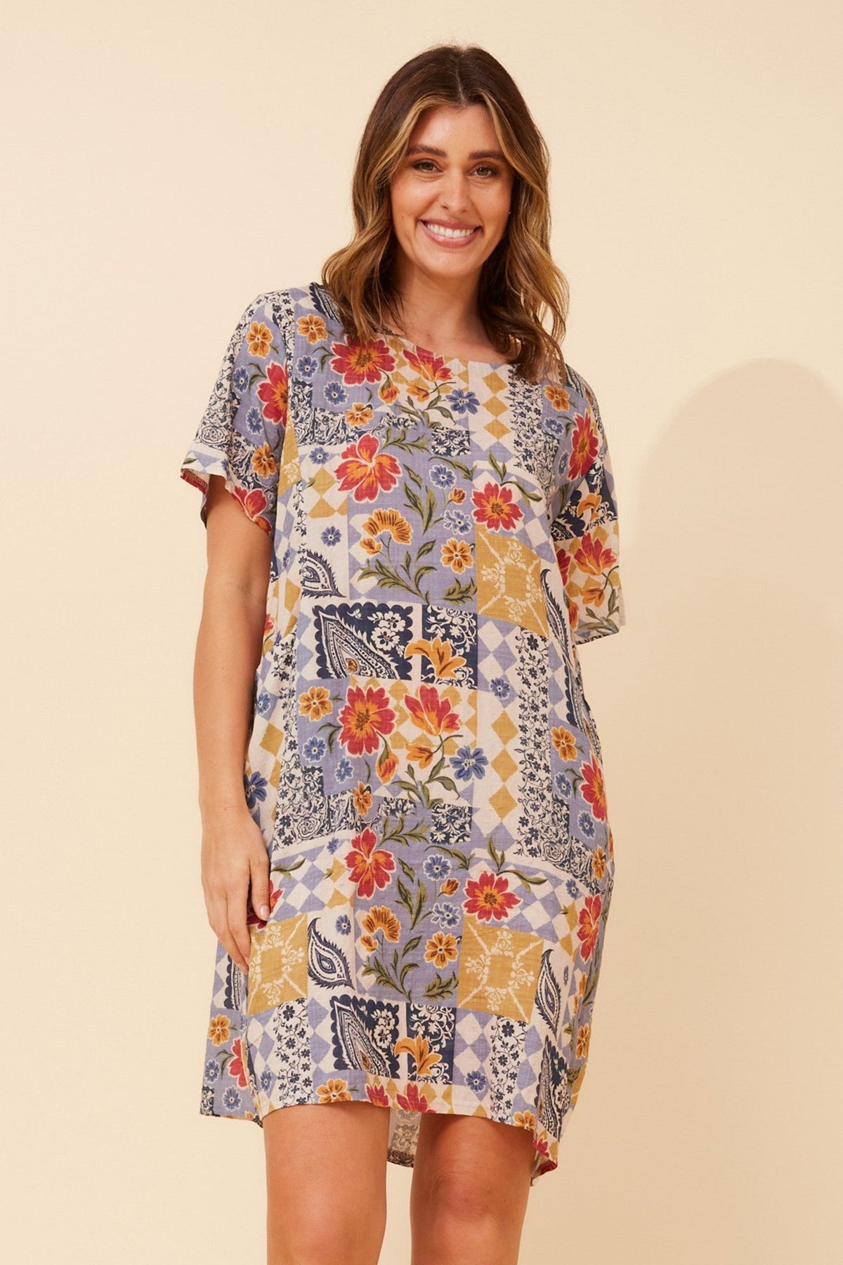 VINE PATCHWORK PRINT DRESS (Multi Blue)