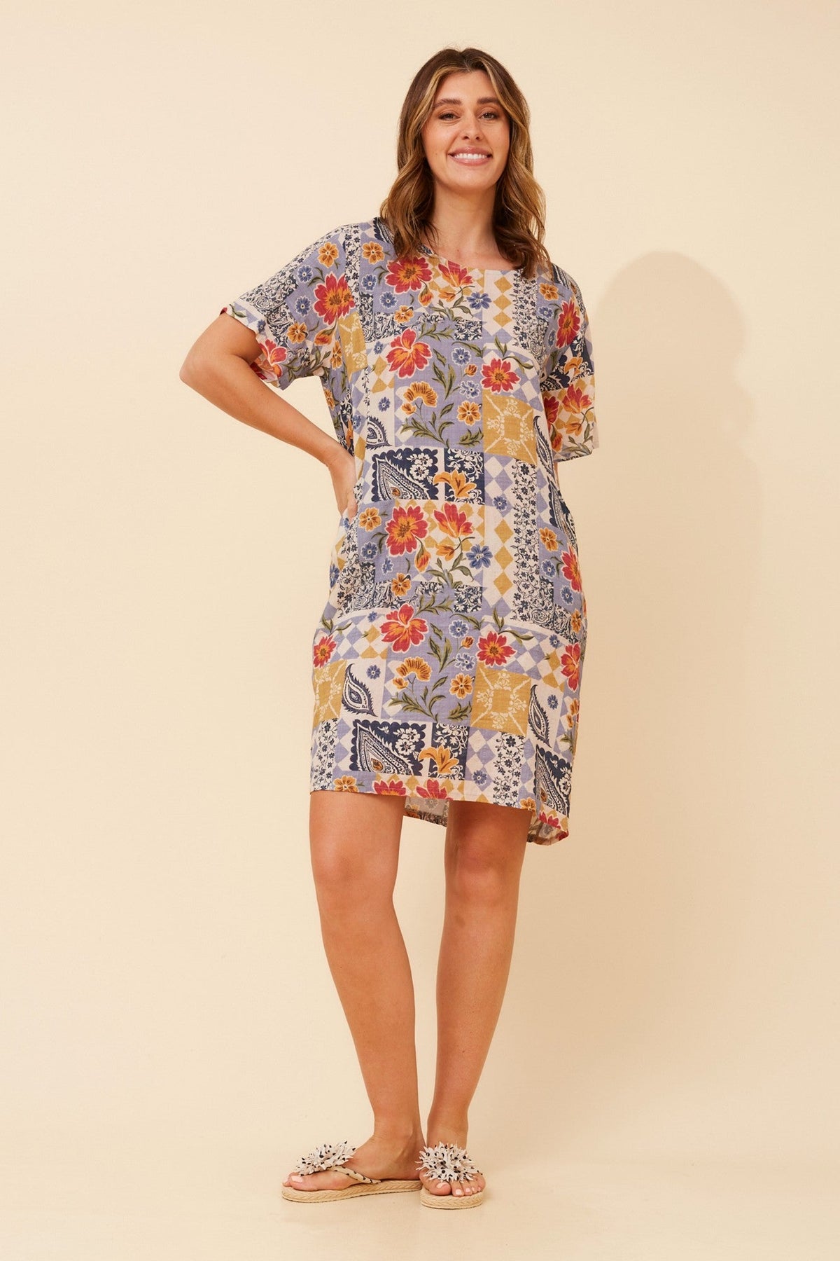 VINE PATCHWORK PRINT DRESS (Multi Blue)