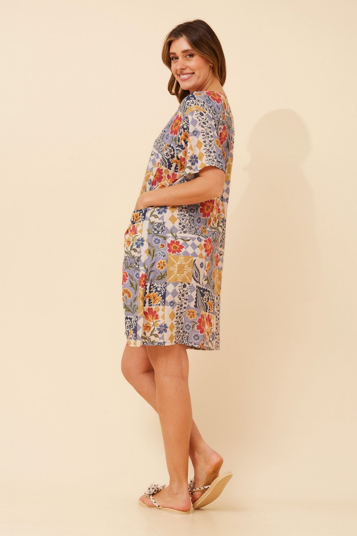 VINE PATCHWORK PRINT DRESS (Multi Blue)