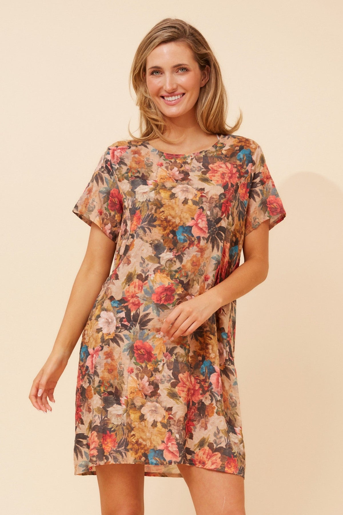 Image of Dresses. Product name - VINE FLORAL DRESS in Multi Orange colour by brand - Caroline Morgan Australia