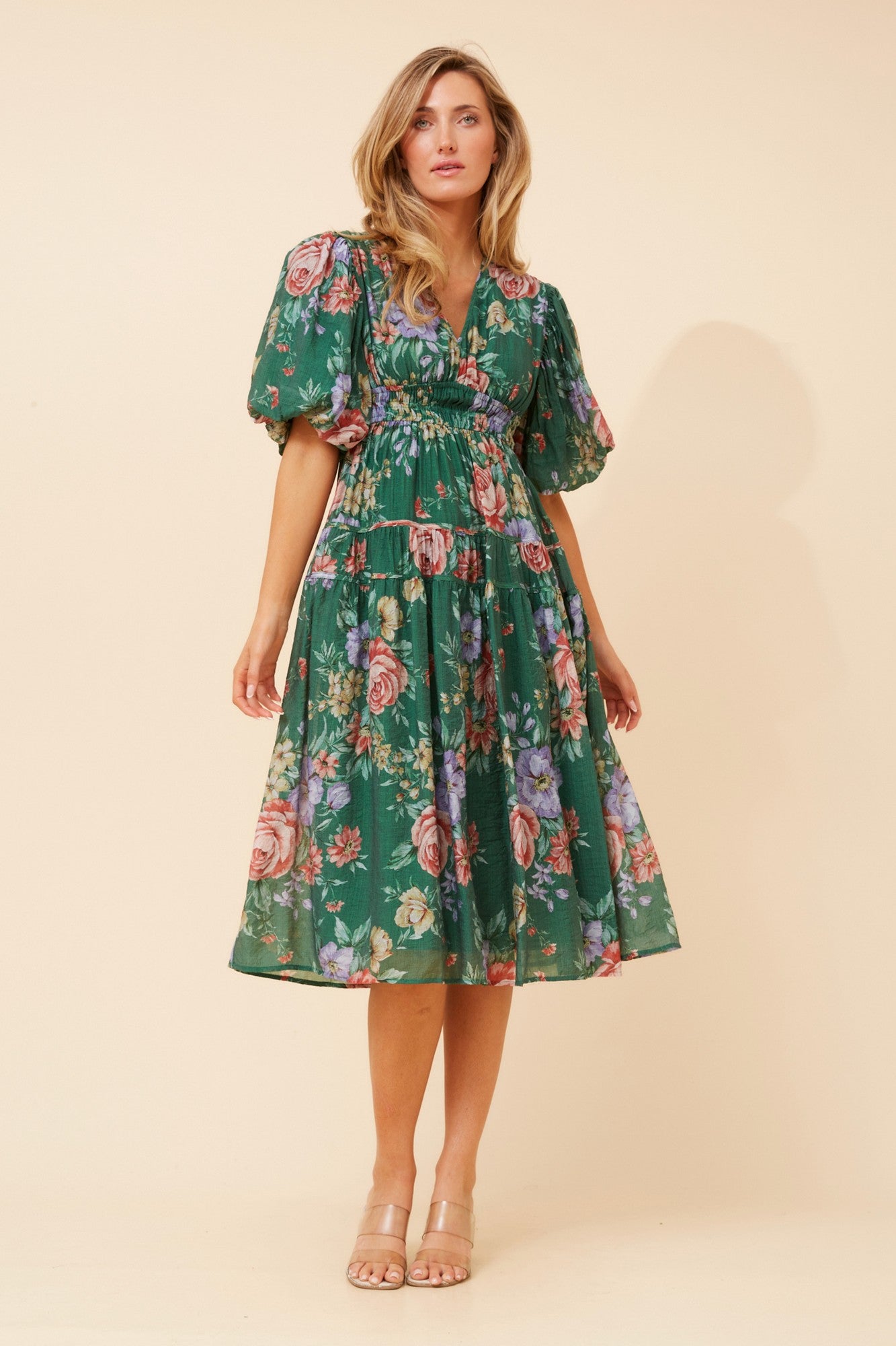 Image of Dresses. Product name - ANUSHKA FLORAL MIDI DRESS in Green colour by brand - Caroline Morgan Australia