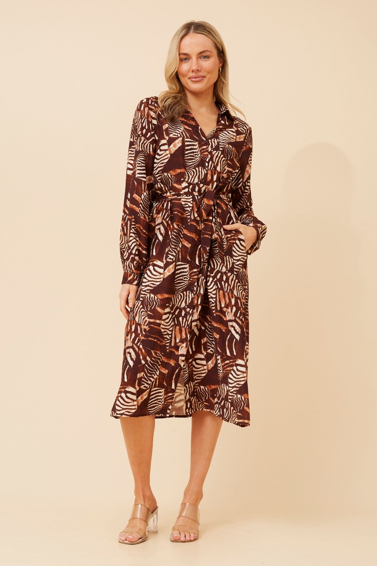 Image of Dresses. Product name - JIMELLE ANIMAL PRINT MIDI DRESS in Multi Coffee colour by brand - Caroline Morgan Australia