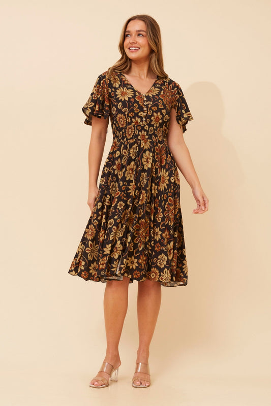 Image of Dresses. Product name - SANDY FLORAL DRESS in Black colour by brand - Caroline Morgan Australia