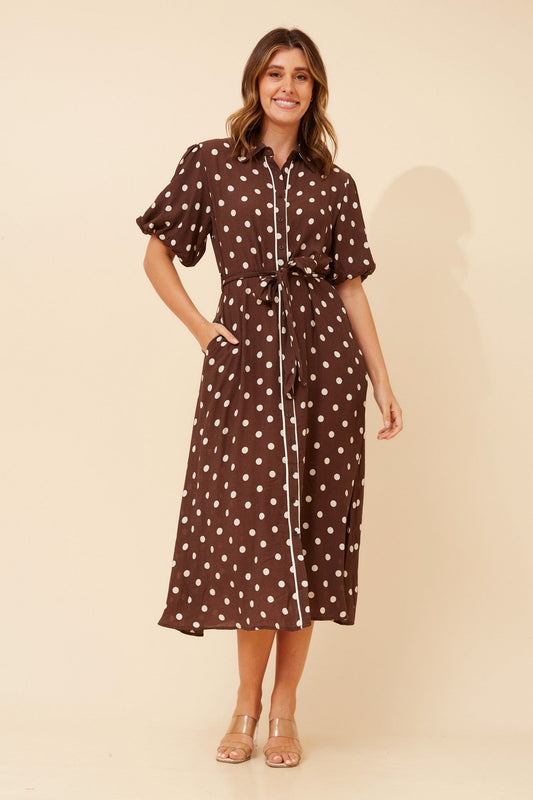 Image of Dresses. Product name - ESSIE POLKA DOT MAXI DRESS in Chocolate colour by brand - Caroline Morgan Australia