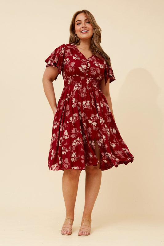 Image of Dresses. Product name - SANDY FLORAL DRESS in Red colour by brand - Caroline Morgan Australia