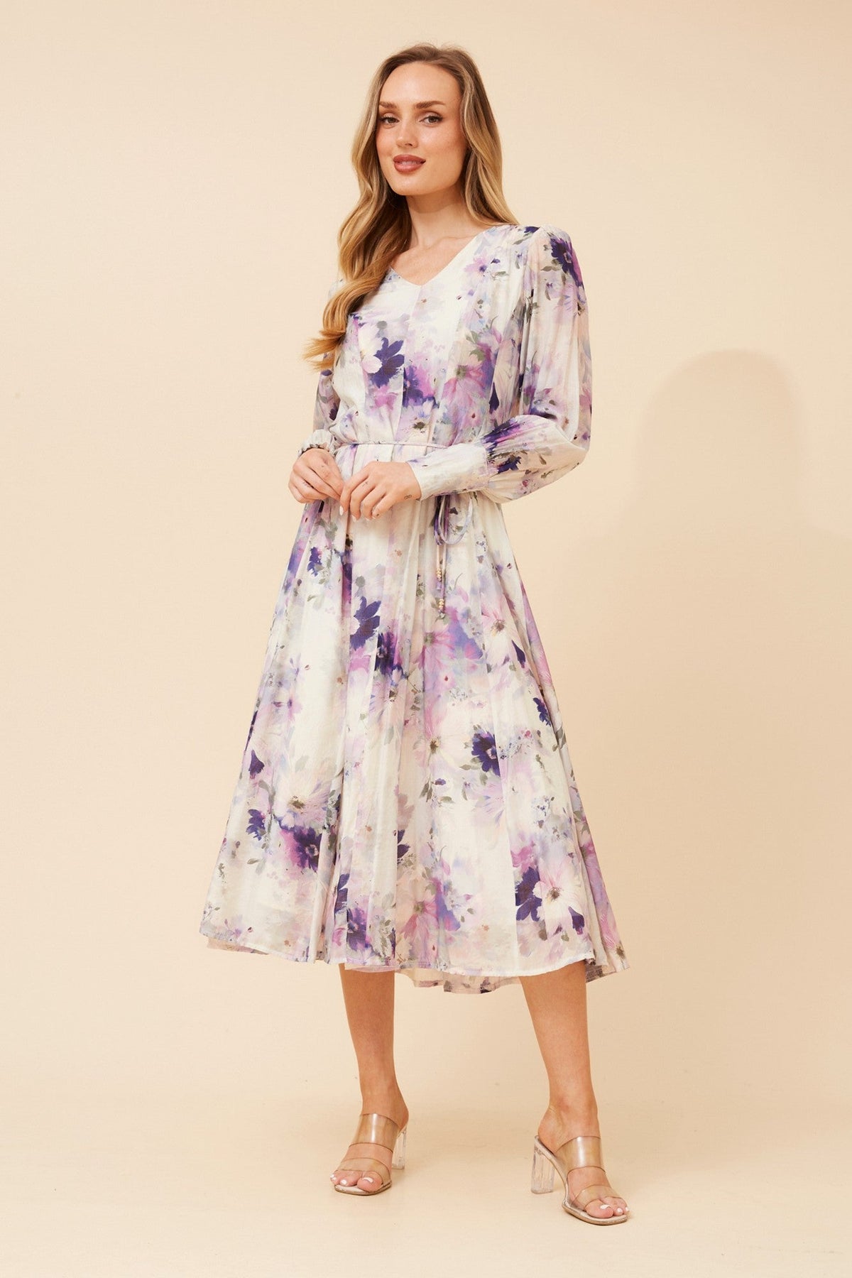 Image of Dresses. Product name - JANAE FLORAL MIDI DRESS in Lavender colour by brand - Caroline Morgan Australia