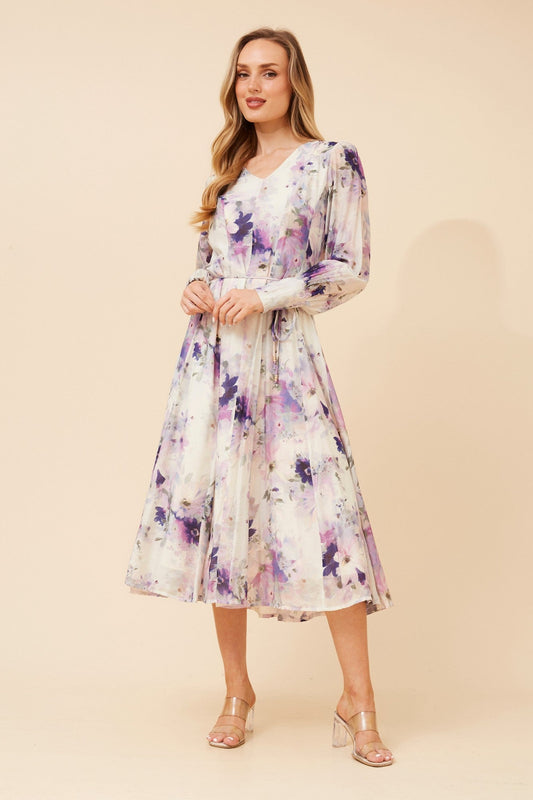 Image of Dresses. Product name - JANAE FLORAL MIDI DRESS in Lavender colour by brand - Caroline Morgan Australia