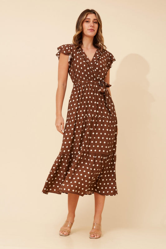 Image of Dresses. Product name - KILANI POLKA DOT PRINT DRESS in Multi Chocolate colour by brand - Caroline Morgan Australia
