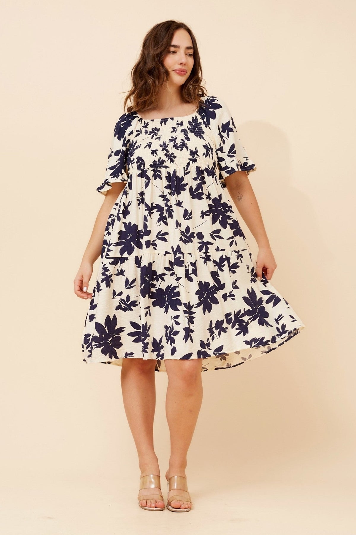 Image of Dresses. Product name - YSRA FLORAL SHORT DRESS in Navy colour by brand - Caroline Morgan Australia