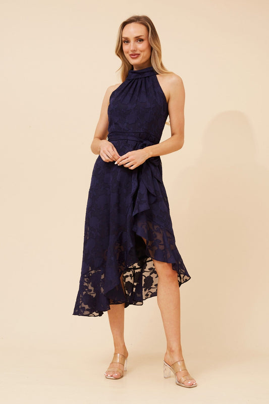 Image of Dresses. Product name - RIO FLORAL MIDI DRESS in Navy colour by brand - Caroline Morgan Australia