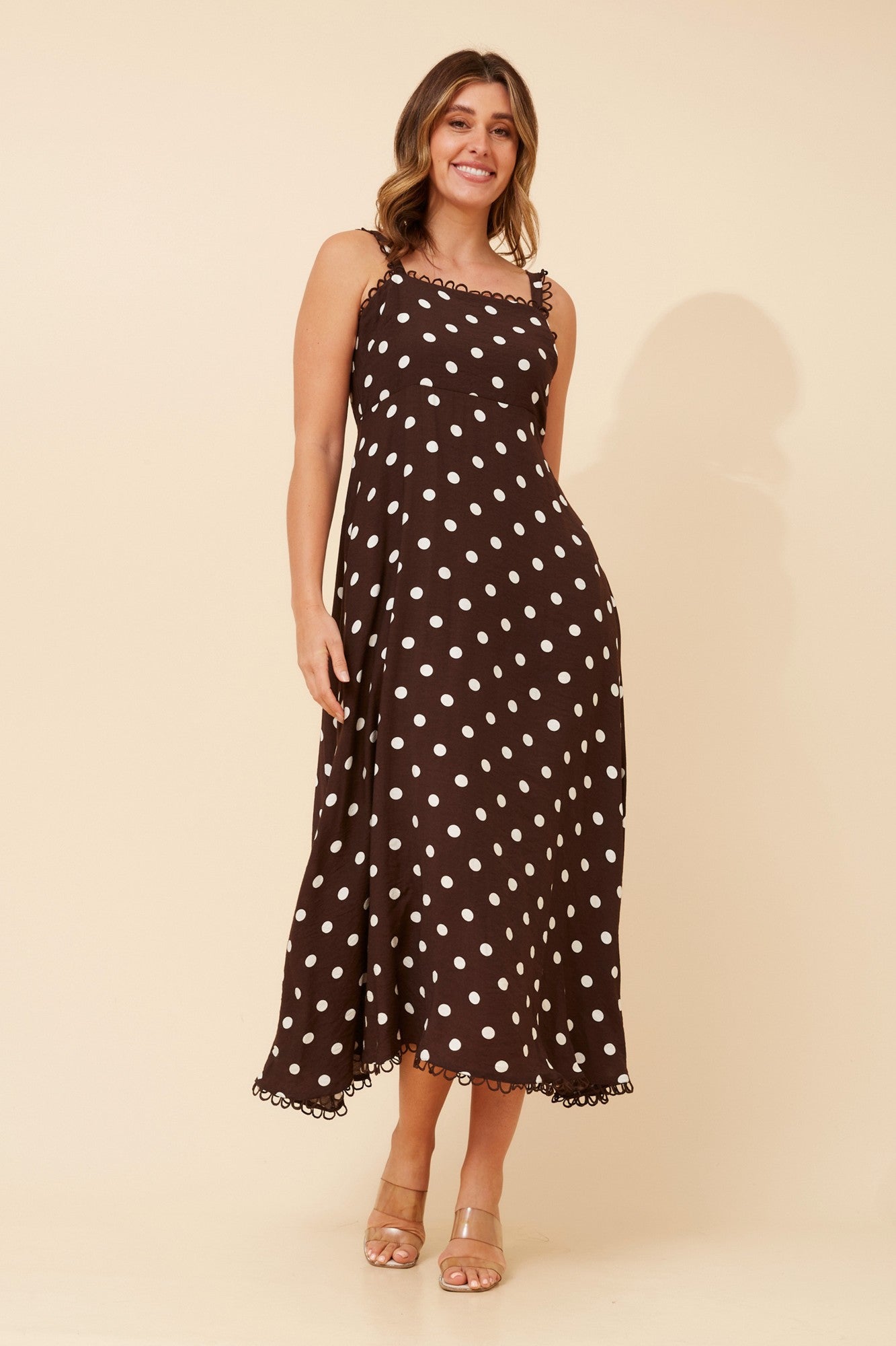 Image of Dresses. Product name - DAVAN POLKA DOT PRINT DRESS in Coffee colour by brand - Caroline Morgan Australia