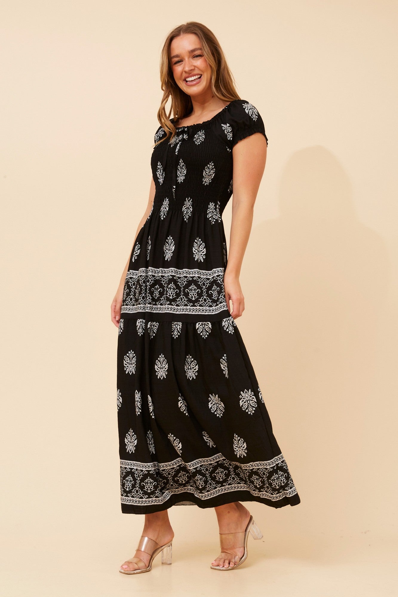 HELINA BORDER PRINT MAXI DRESS (Multi Black)