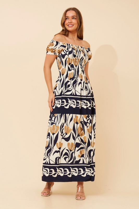 Image of Dresses. Product name - HELINA BORDER PRINT MAXI DRESS in Multi Navy colour by brand - Caroline Morgan Australia