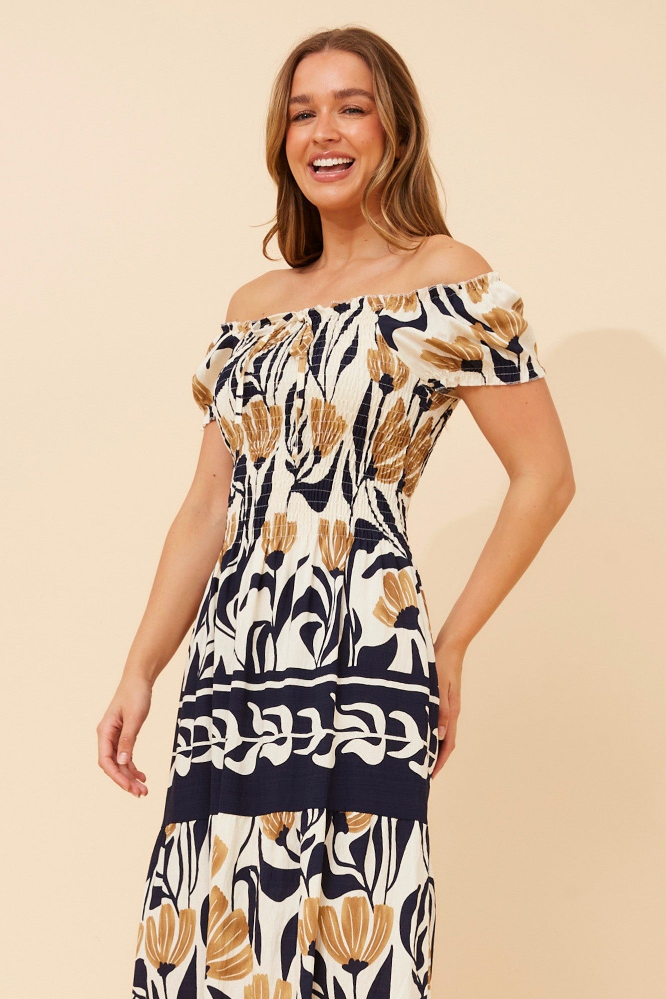 HELINA BORDER PRINT MAXI DRESS (Multi Navy)