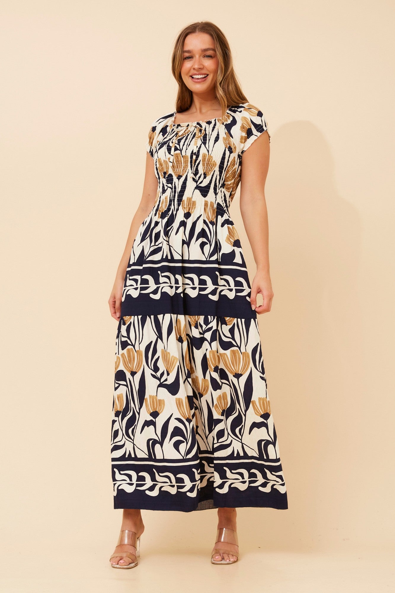 HELINA BORDER PRINT MAXI DRESS (Multi Navy)