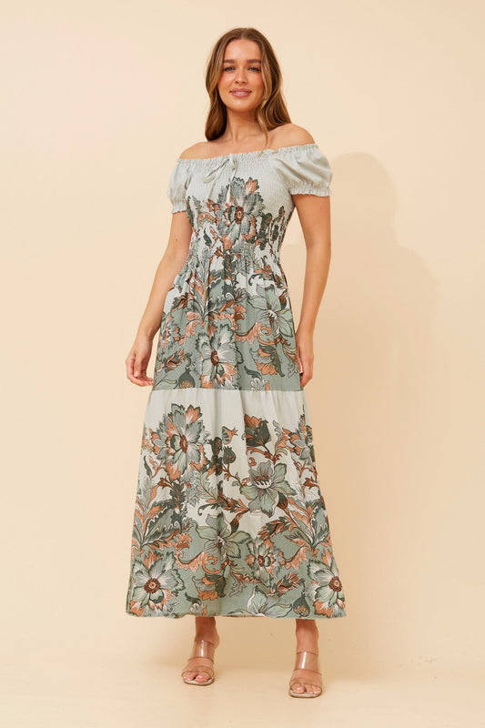 Image of Dresses. Product name - HELINA FLORAL MAXI DRESS in Multi Green colour by brand - Caroline Morgan Australia