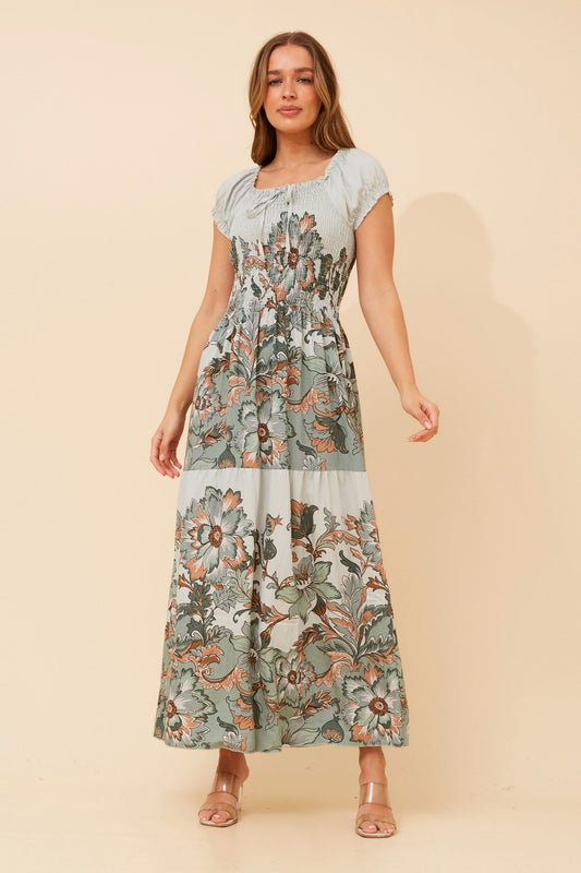 Image of Dresses. Product name - HELINA FLORAL MAXI DRESS in Multi Green colour by brand - Caroline Morgan Australia