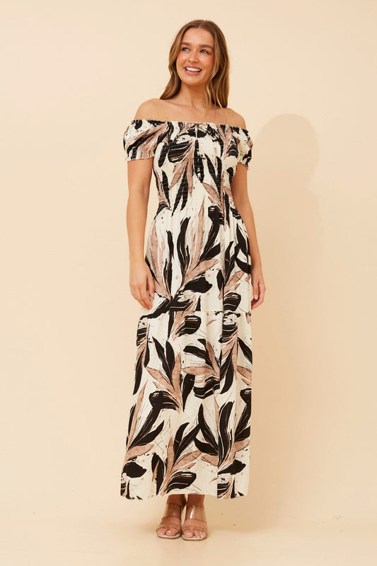 Image of Dresses. Product name - HELINA LEAF PRINT MAXI DRESS in Multi Black colour by brand - Caroline Morgan Australia