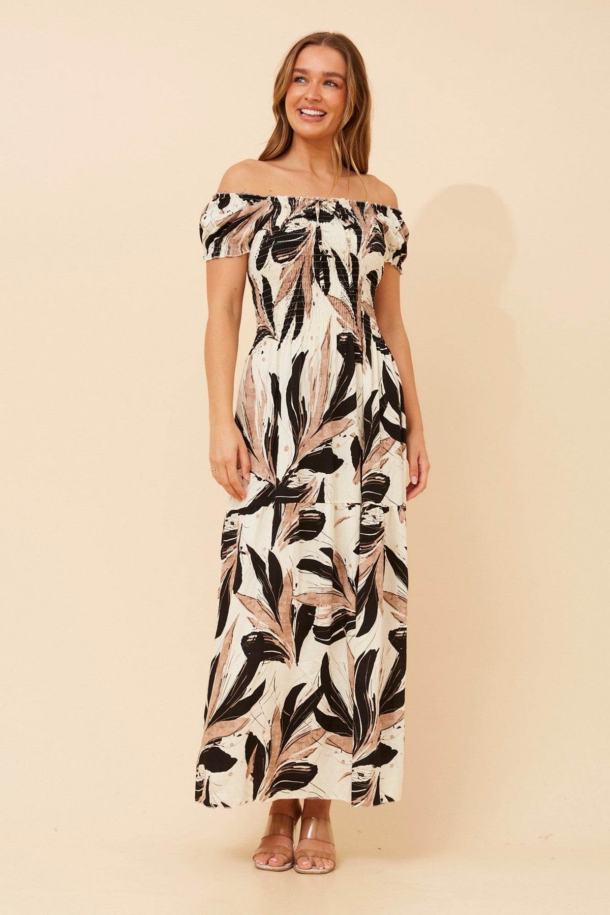 HELINA LEAF PRINT MAXI DRESS (Multi Black)