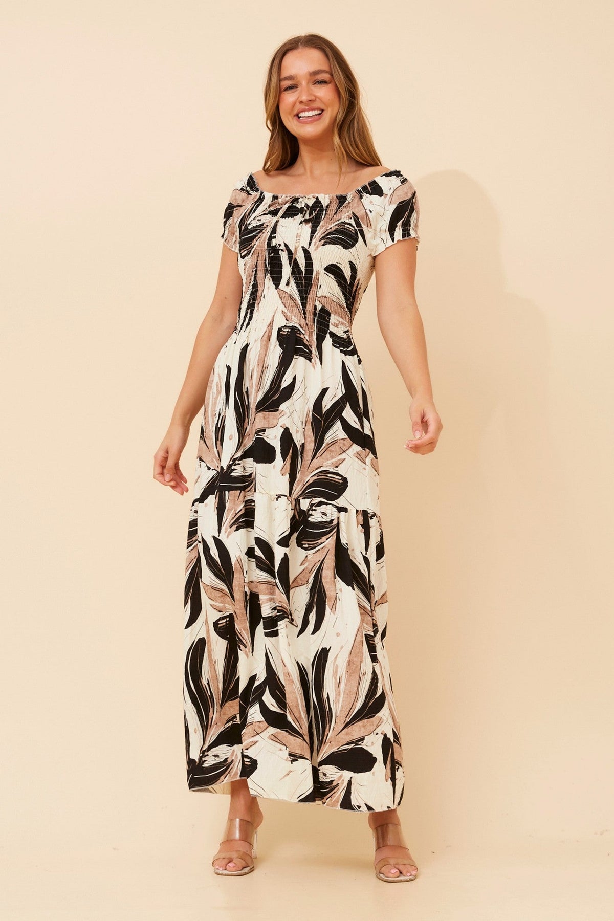 HELINA LEAF PRINT MAXI DRESS (Multi Black)