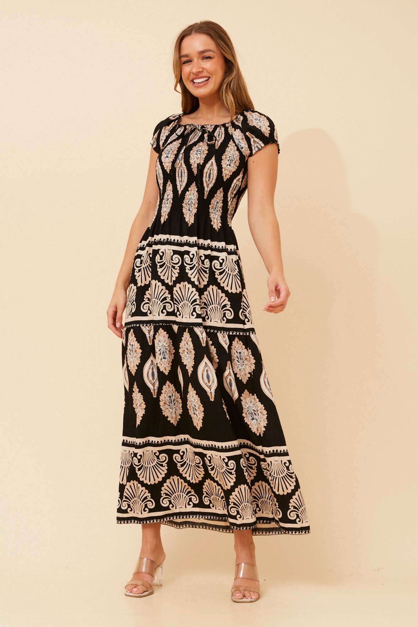 HELINA BORDER PRINT MAXI DRESS (Black)