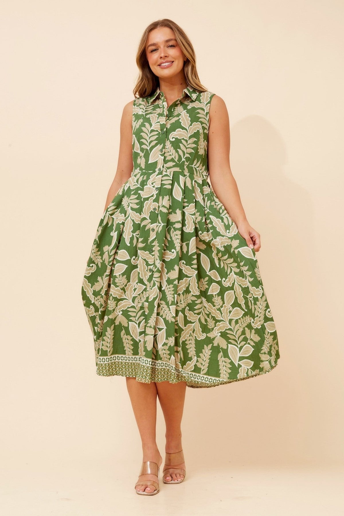 Image of Dresses. Product name - ENZINA LEAF PRINT SHIRT DRESS in Sage colour by brand - Caroline Morgan Australia