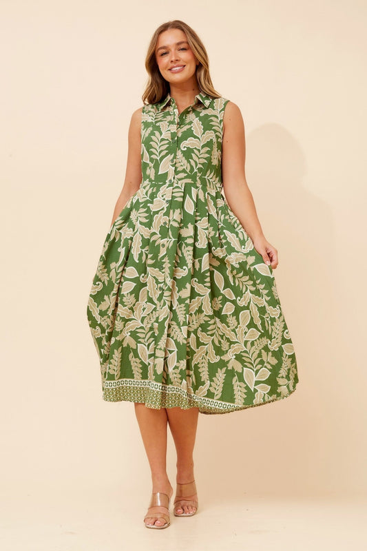Image of Dresses. Product name - ENZINA LEAF PRINT SHIRT DRESS in Sage colour by brand - Caroline Morgan Australia