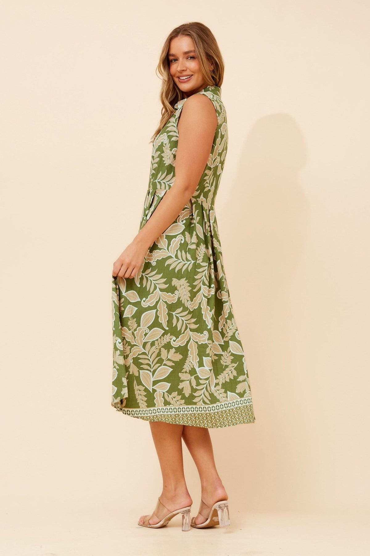 ENZINA LEAF PRINT SHIRT DRESS (Sage)