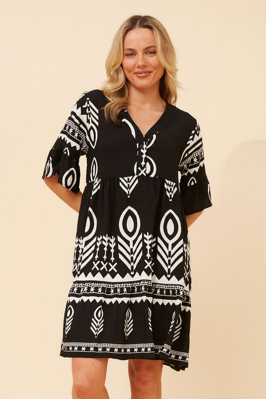 Image of Dresses. Product name - IDALIA ABSTRACT PRINT SHORT DRESS in Black colour by brand - Caroline Morgan Australia
