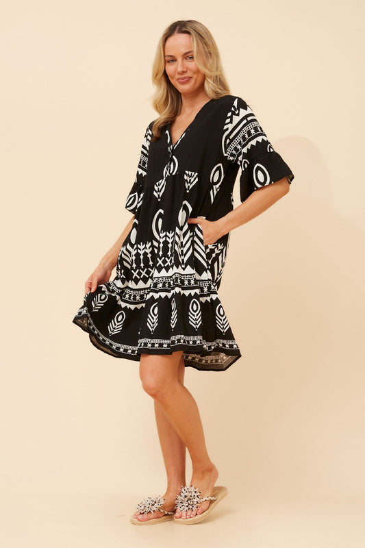 IDALIA ABSTRACT PRINT SHORT DRESS (Black)