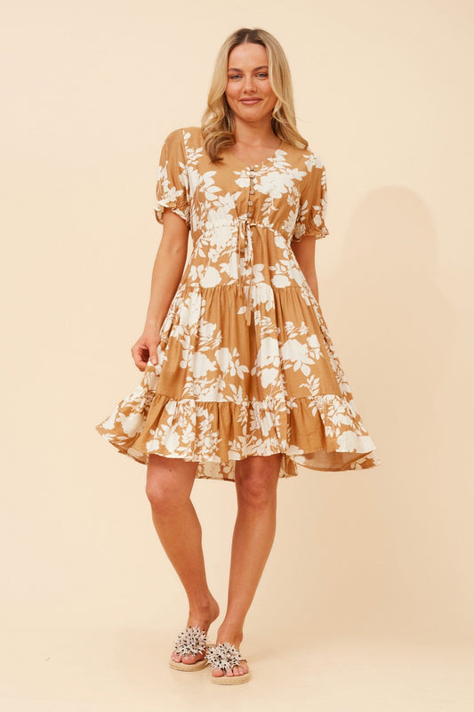 Image of Dresses. Product name - YANNA FLORAL SHORT DRESS in Toffee colour by brand - Caroline Morgan Australia