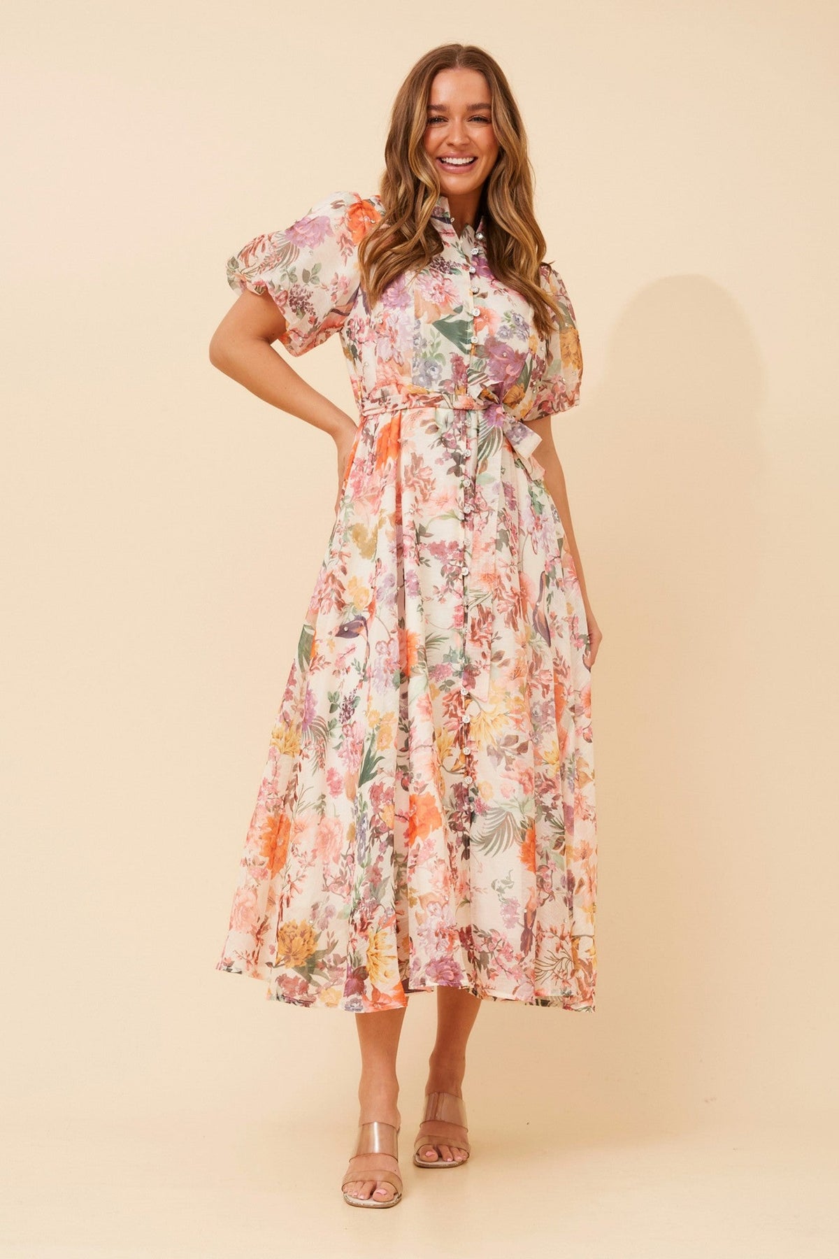 Image of Dresses. Product name - YORI FLORAL MAXI DRESS in Cream colour by brand - Caroline Morgan Australia
