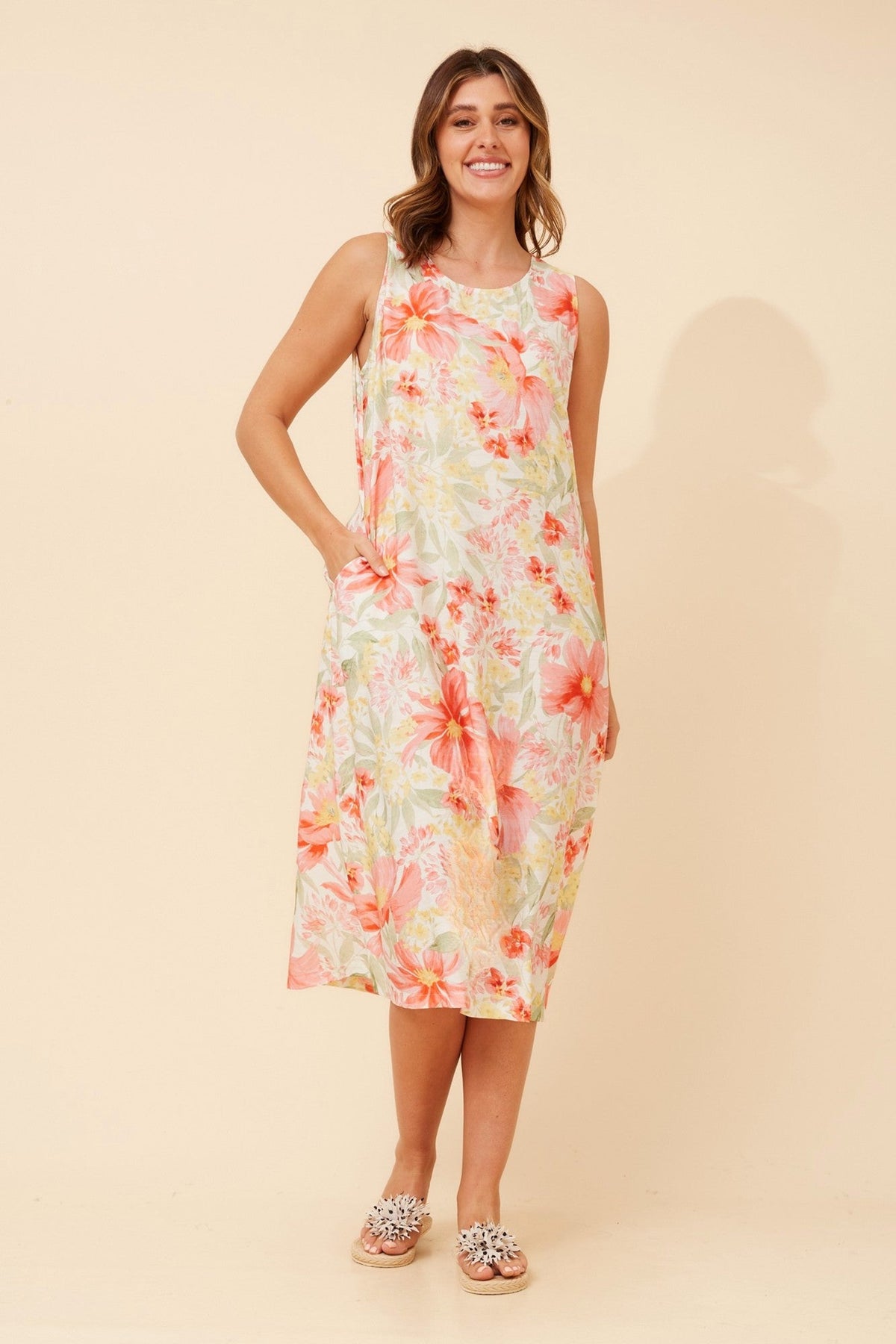 Image of Dresses. Product name - RAVAN FLORAL MIDI DRESS in Pink colour by brand - Caroline Morgan Australia