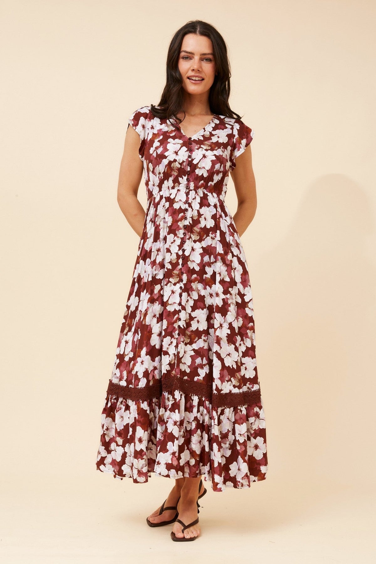 Image of Dresses. Product name - MOROCCO FLORAL MAXI DRESS in Cinnamon colour by brand - Caroline Morgan Australia