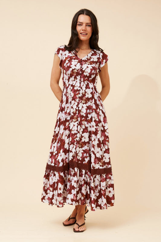 Image of Dresses. Product name - MOROCCO FLORAL MAXI DRESS in Cinnamon colour by brand - Caroline Morgan Australia